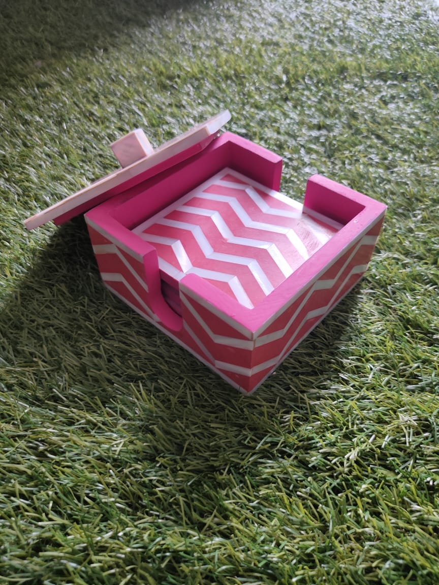 Handmade Mother of Pearl Inlay Pink Colored Chevron Pattern Set of 4 Coasters