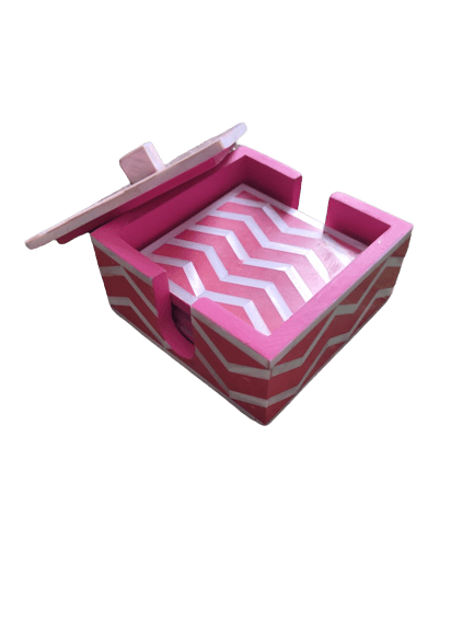 Handmade Mother of Pearl Inlay Pink Colored Chevron Pattern Set of 4 Coasters