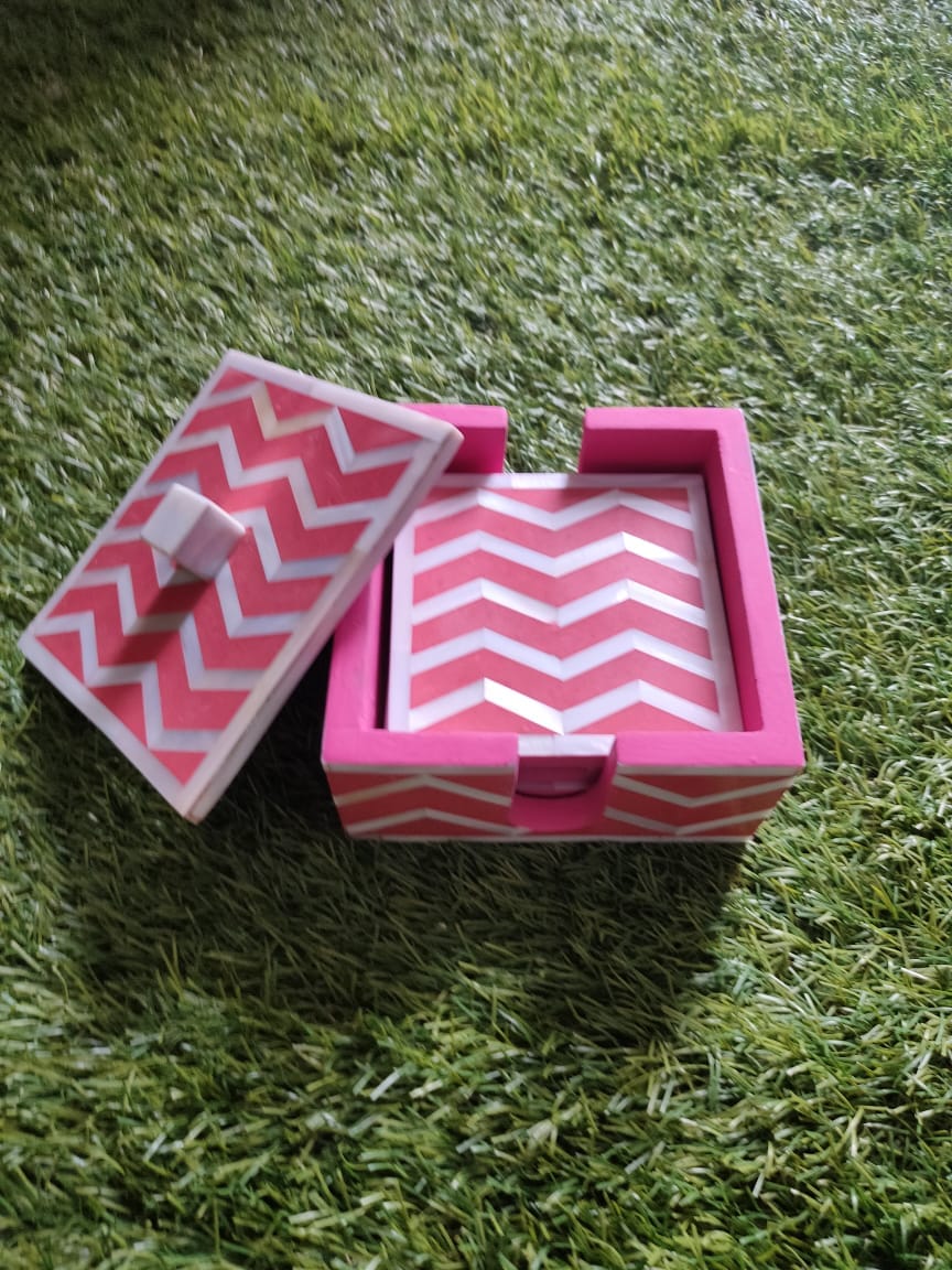 Handmade Mother of Pearl Inlay Pink Colored Chevron Pattern Set of 4 Coasters