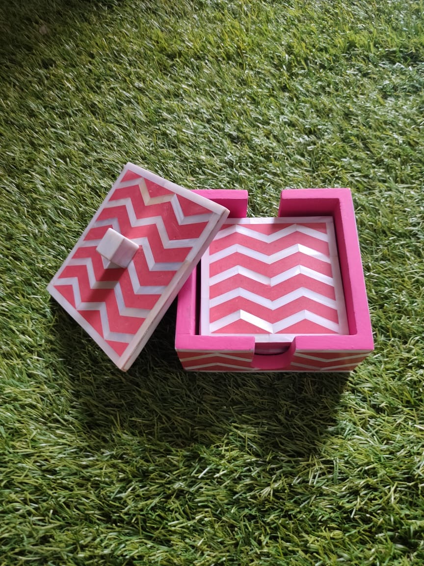 Handmade Mother of Pearl Inlay Pink Colored Chevron Pattern Set of 4 Coasters