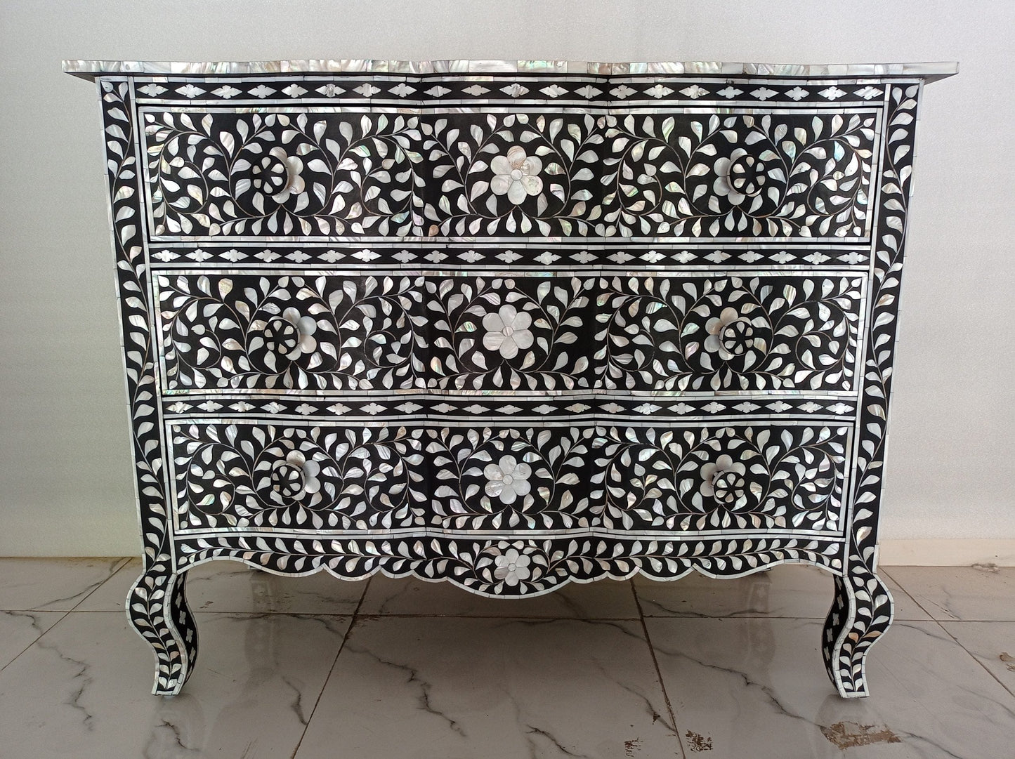 Handmade Customized Mother of Pearl Chest of 3 Drawer