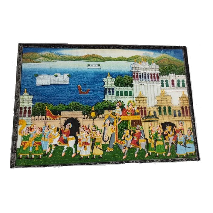 Handmade Matte Synthetic Palace View Silk Fabric Painting for Home Decor