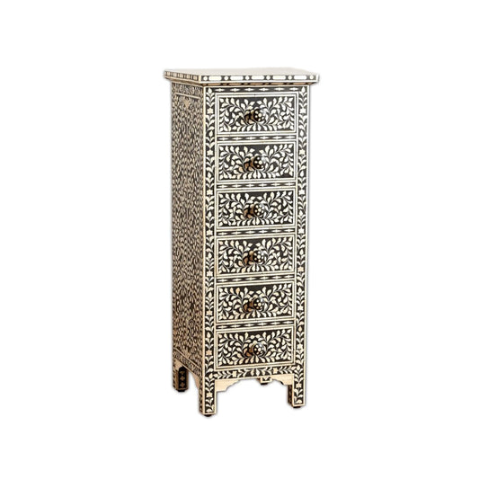 Bone Inlay Tall Boy Chest Of 6 Drawer in Floral Pattern