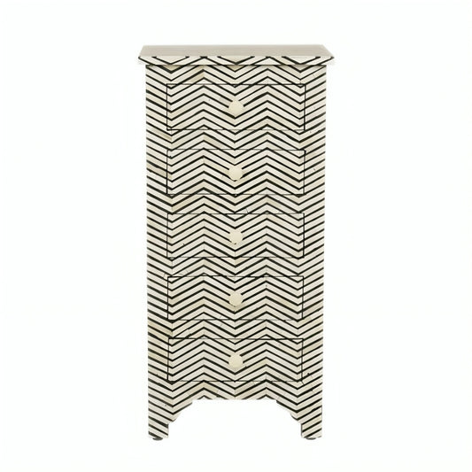 Bone Inlay Tall Boy Chest Of 5 Drawer in Zig-Zag Pattern