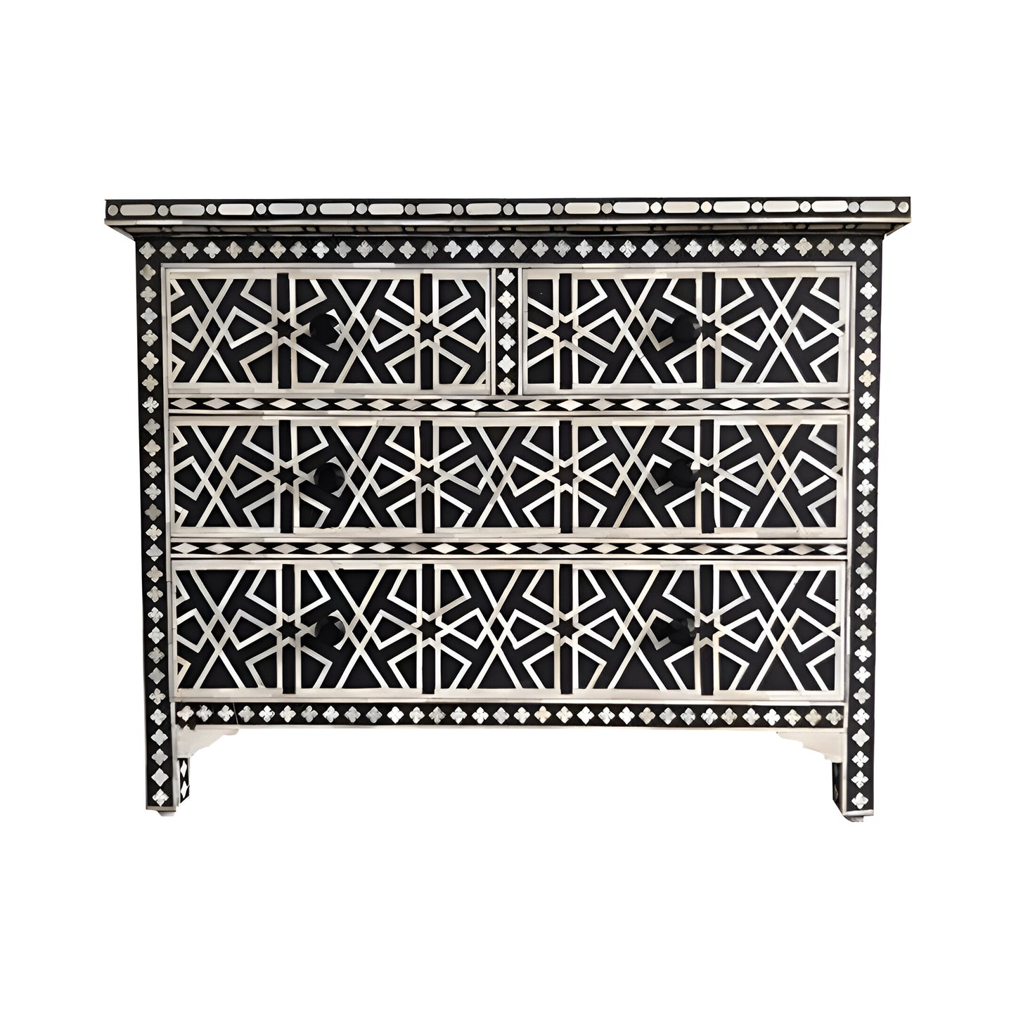 Handmade Custom Made Bone Inlay Black Chest of 4 Drawer In geometric Design with Drawer Gliders