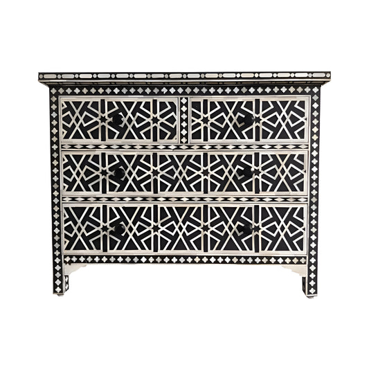 Handmade Custom Made Bone Inlay Black Chest of 4 Drawer In geometric Design with Drawer Gliders
