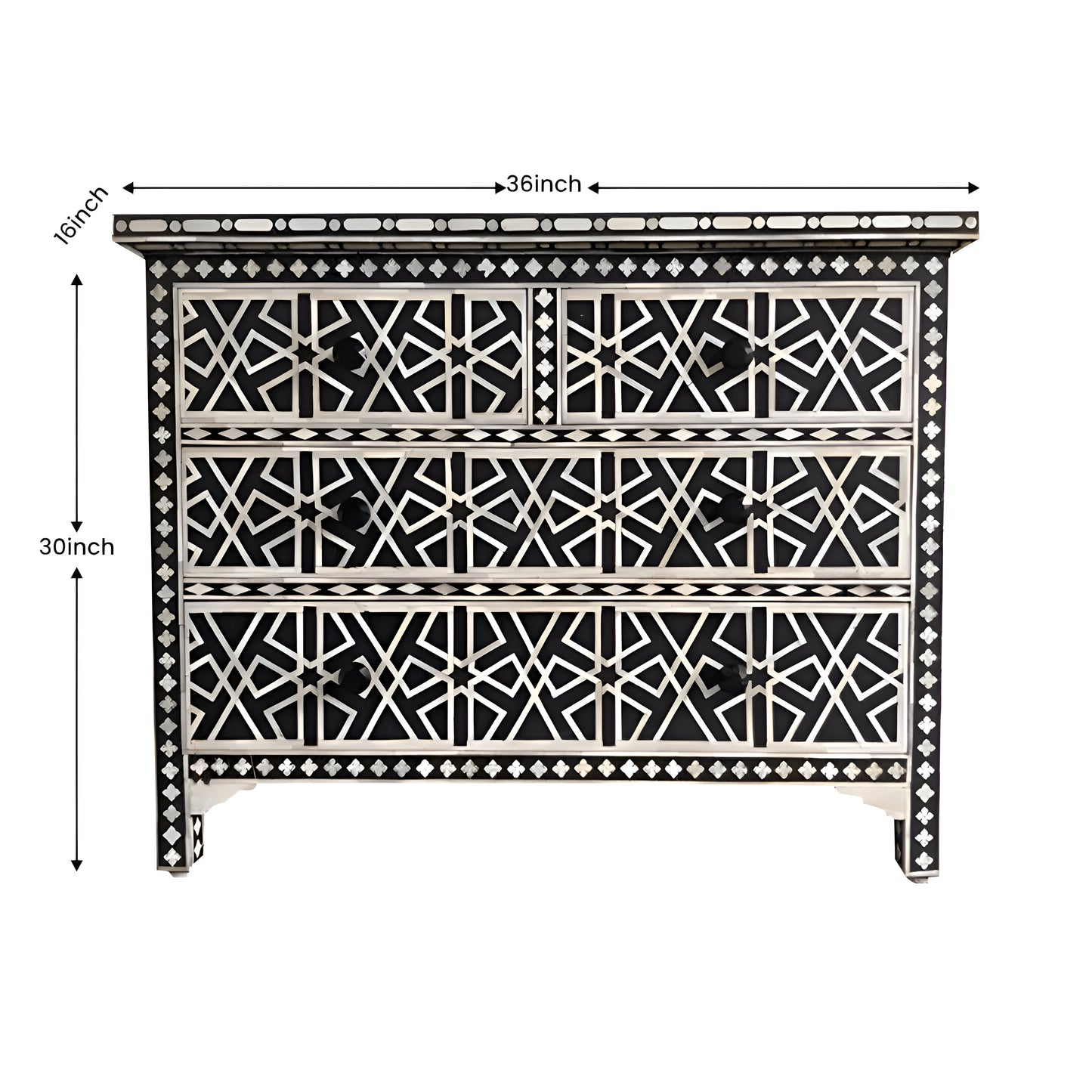 Handmade Custom Made Bone Inlay Black Chest of 4 Drawer In geometric Design with Drawer Gliders