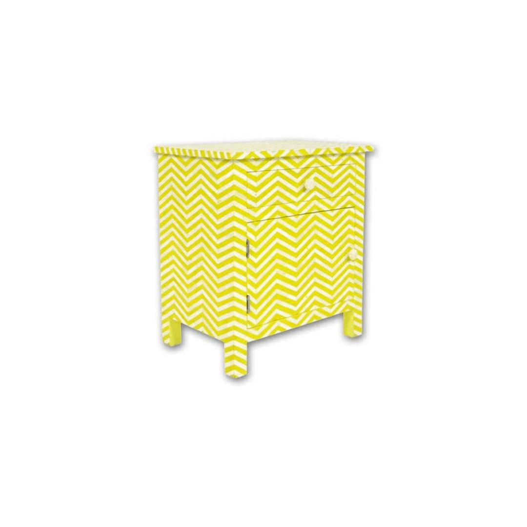 Personalized Handmade Bone Inlay Zigzag Bedside Table with One Drawer and One Door
