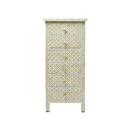 Bone Inlay Tall Boy Chest Of 6 Drawer in Star Eye Pattern