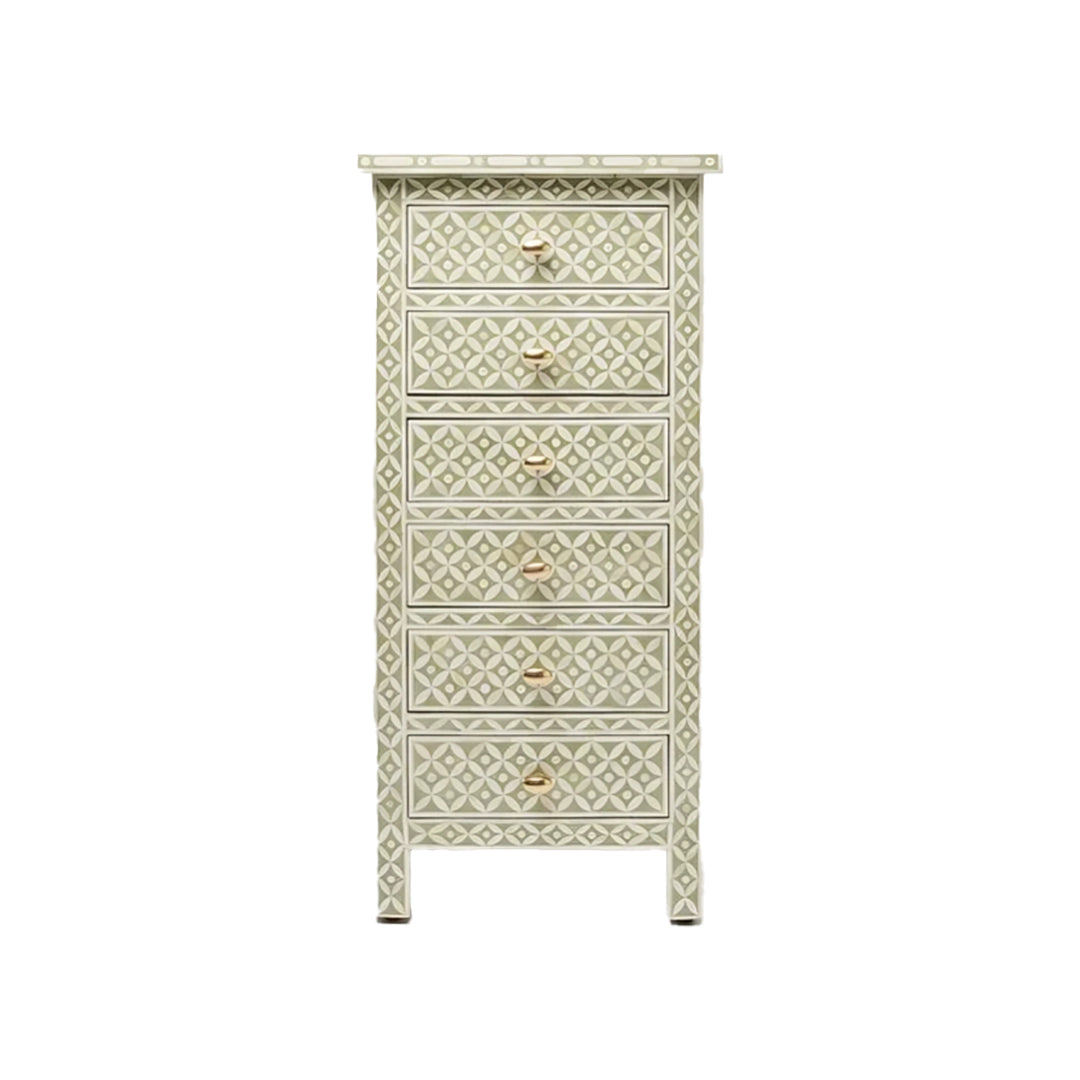 Bone Inlay Tall Boy Chest Of 6 Drawer in Star Eye Pattern