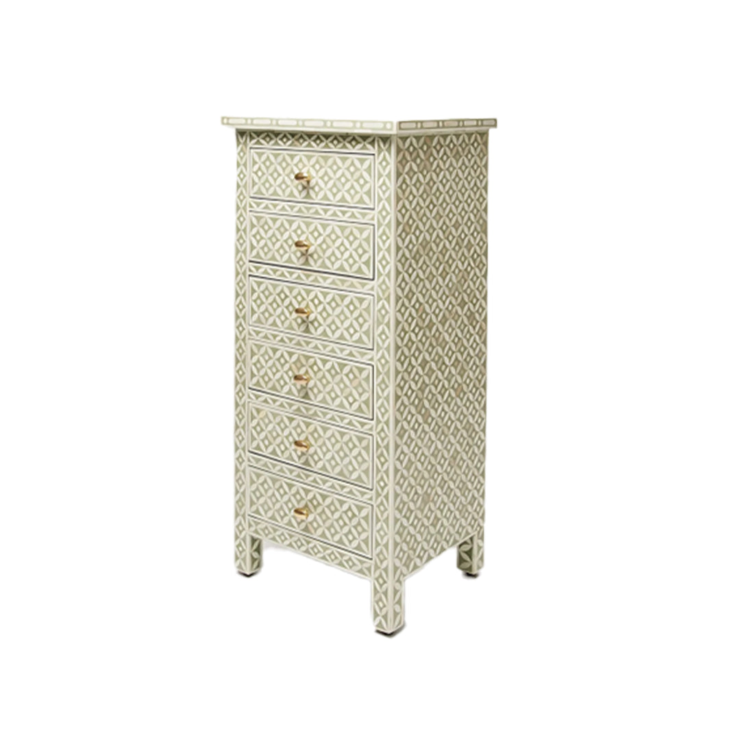 Bone Inlay Tall Boy Chest Of 6 Drawer in Star Eye Pattern
