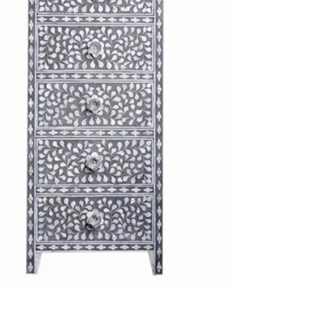 Mother Of Pearl Inlay Tall Boy Chest Of 6 Drawer in Grey Color Floral Pattern