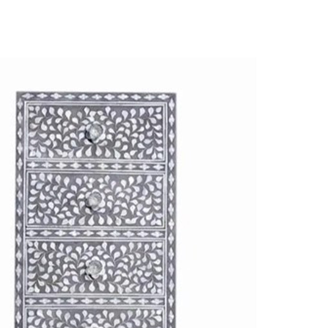 Mother Of Pearl Inlay Tall Boy Chest Of 6 Drawer in Grey Color Floral Pattern