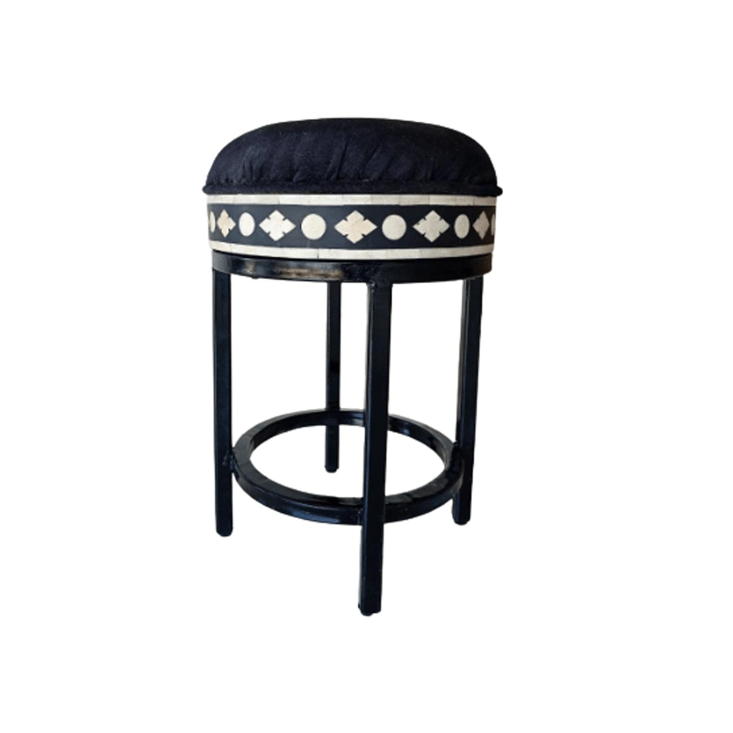 Handmade Bone Inlay Personalized Black Round Stool Home Décor Furniture Classic Vintage Look
