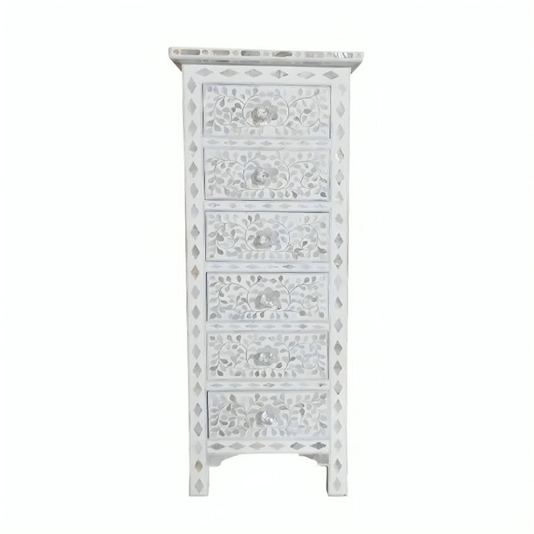 Mother Of pearl Tall Boy Chest Of 6 Drawer in Floral Pattern