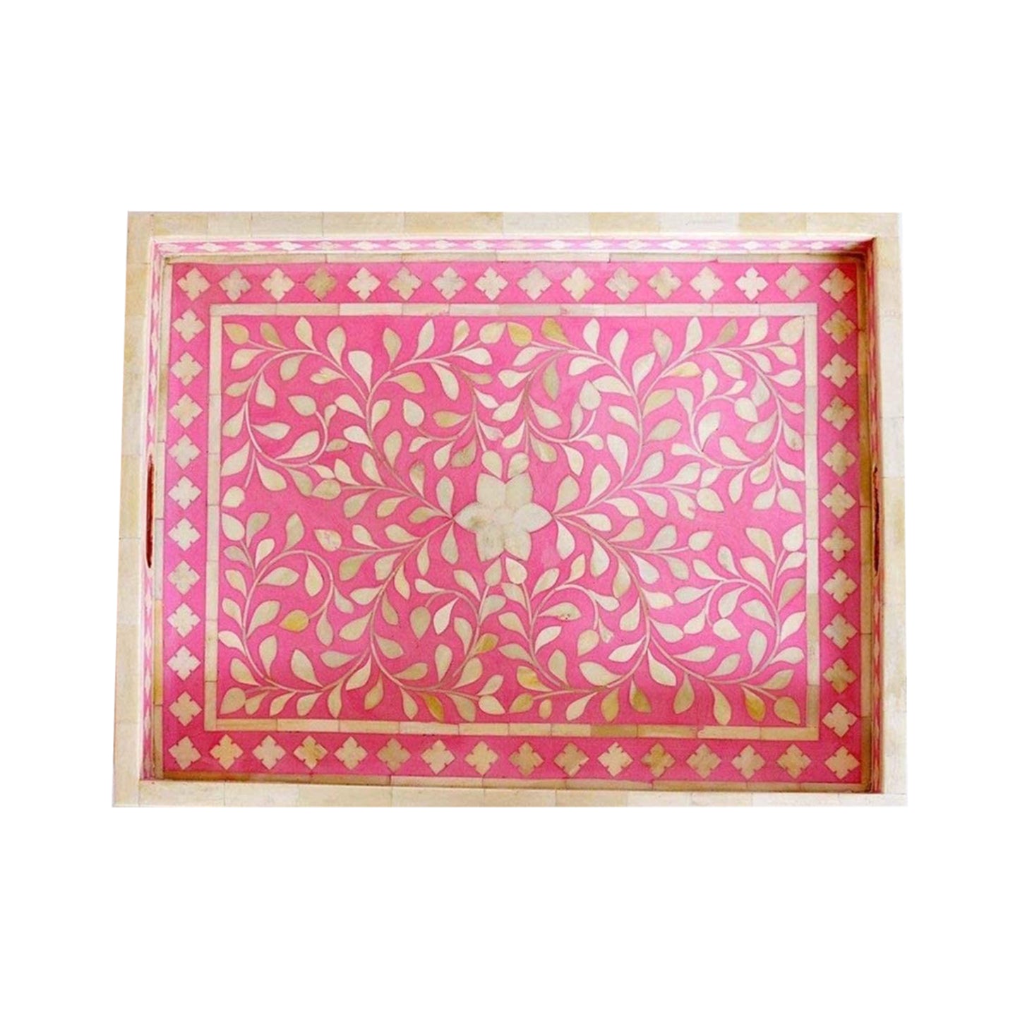 Handmade Pink Floral Wooden Art Bone Inlay Decorative Serving Tray