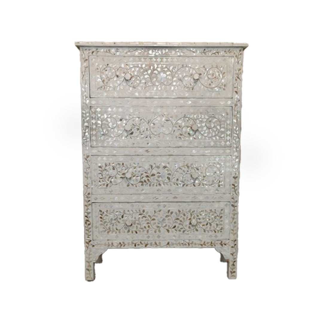 Mother of pearl inlay floral design 4 drawer tall boy white dresser