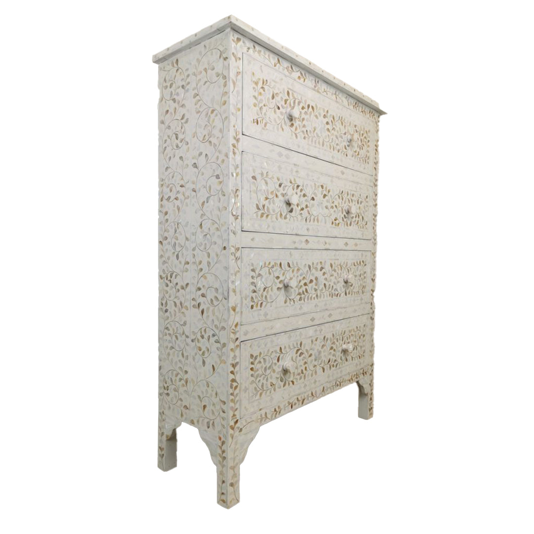 Mother of pearl inlay floral design 4 drawer tall boy white dresser