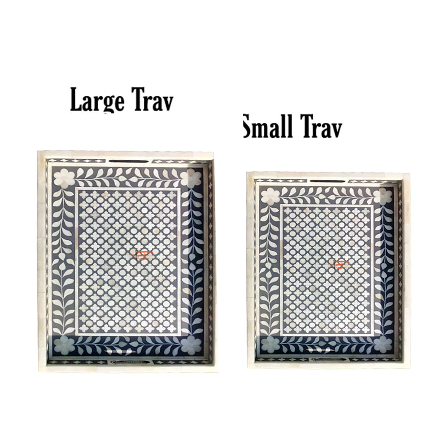 Handmade Bone Inlay Gray Tray Set of 2 Pieces Bone Inlay Rectangular Floral Tray Best Gift For Any Occasion