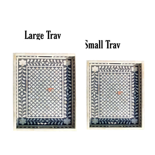 Handmade Bone Inlay Gray Tray Set of 2 Pieces Bone Inlay Rectangular Floral Tray Best Gift For Any Occasion