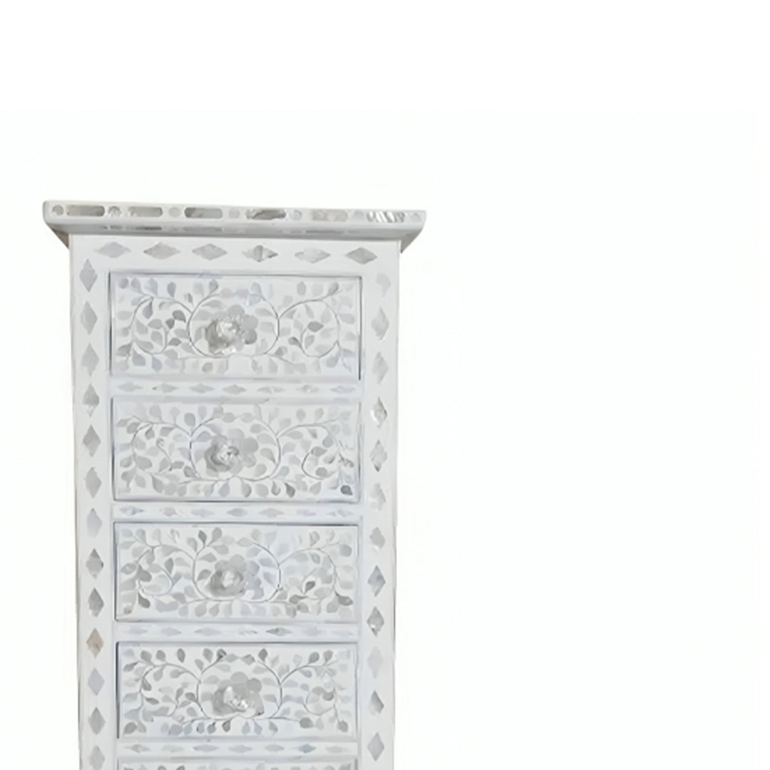 Mother Of pearl Tall Boy Chest Of 6 Drawer in Floral Pattern