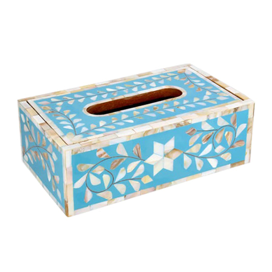 Mother of pearl tissue box in blue floral pattern