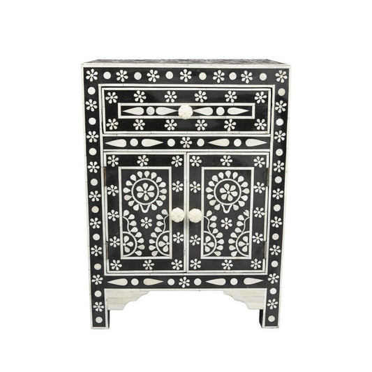 Bone Inlay Bedside Table in Black Color New Pattern.