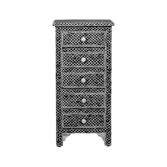 Bone Inlay Tall Boy Chest Of 5 Drawer in Fish Scale Pattern