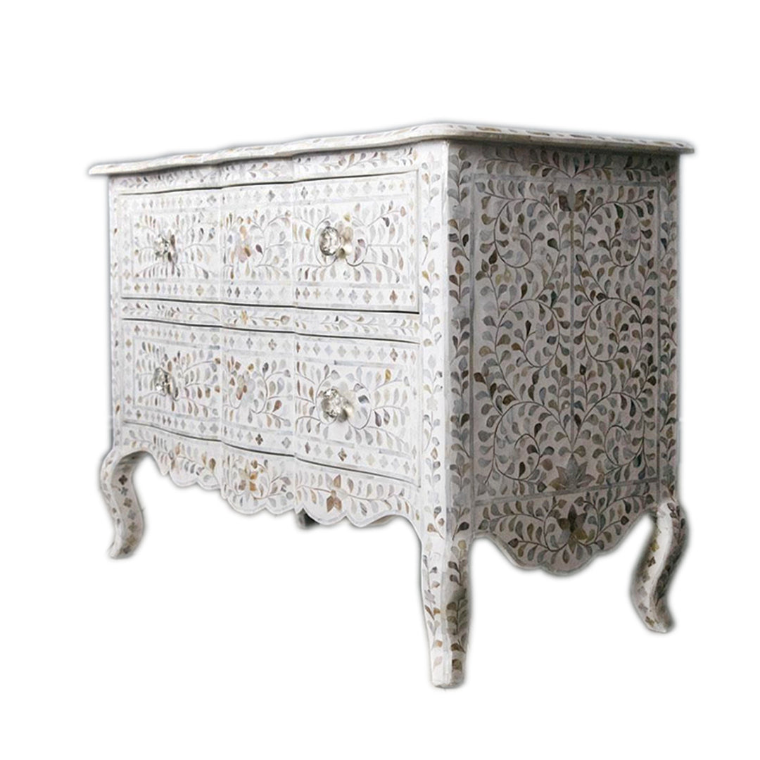 Mother of Pearl Chest of 3 Drawer in floral pattern white color