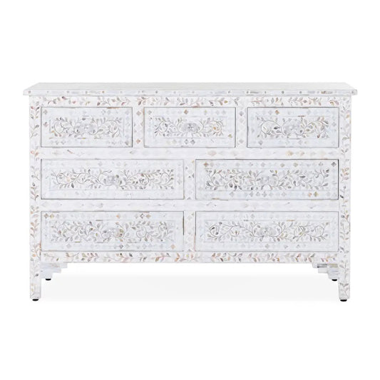 Mother of pearl inlay floral design 7 drawer White dresser