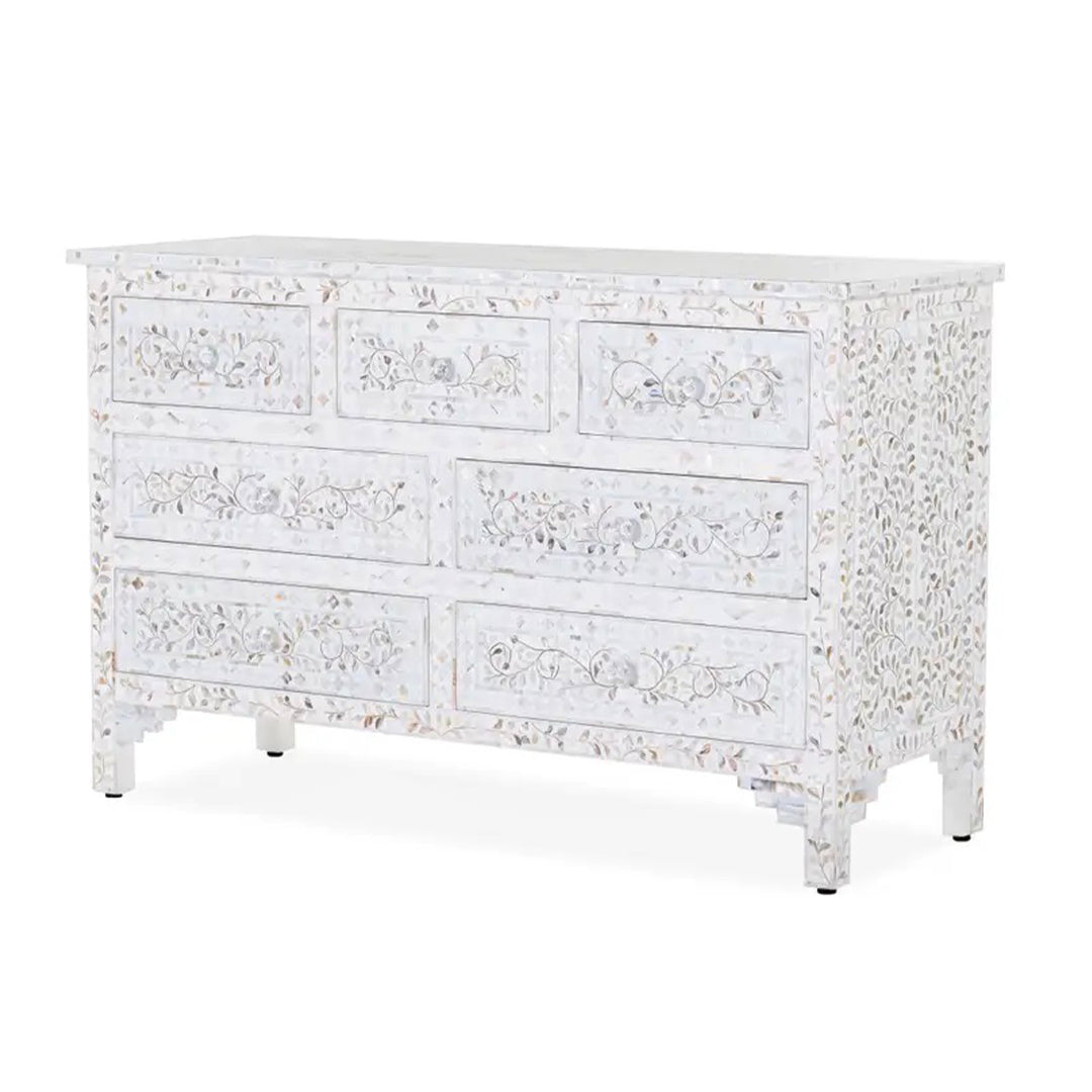 Mother of pearl inlay floral design 7 drawer White dresser
