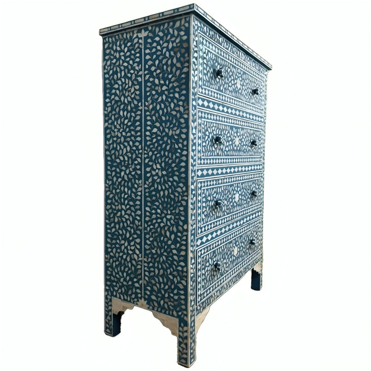 Mother of pearl inlay floral design 4 four drawer tall boy blue dresser