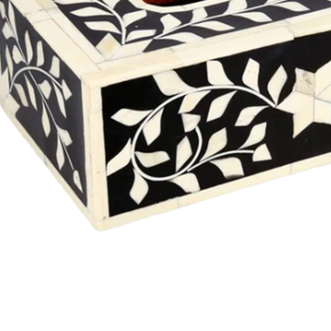Bone Inlay tissue box in Black floral pattern