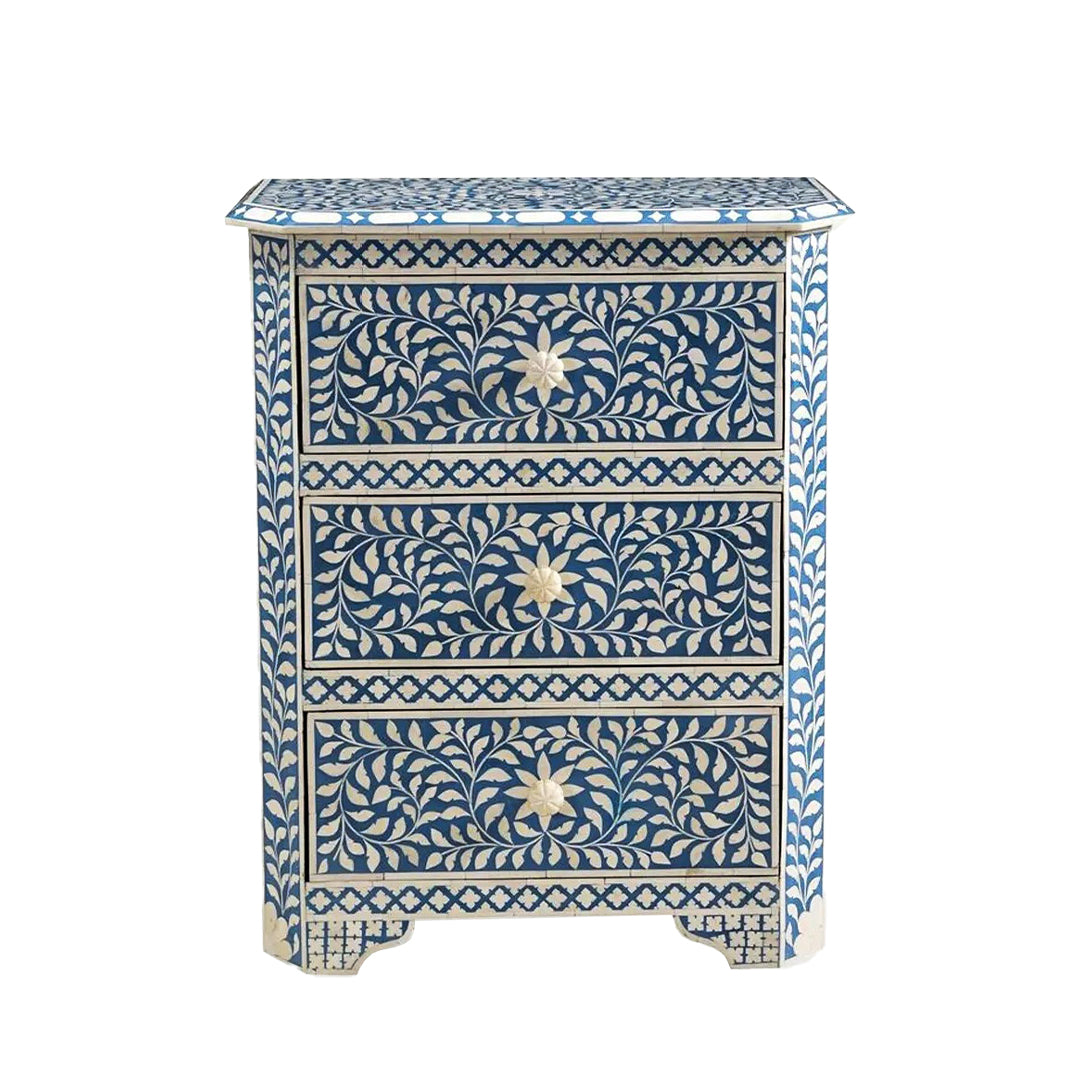 Bone Inlay Bedside in Blue Floral Design Perfect Nightstand For Home Decor