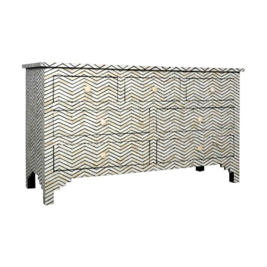 Handmade Large Black & White Chevron Bone Inlay Chest of 7 Drawers, Extra Large 7 Drawer Dresser, Perfect gift for