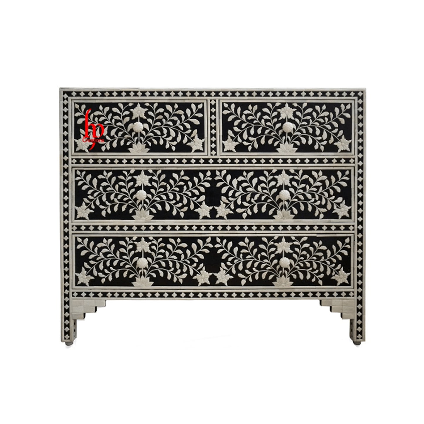 Hand-applied Black Floral Embossed Bone Inlay Chest Of 4 Drawers