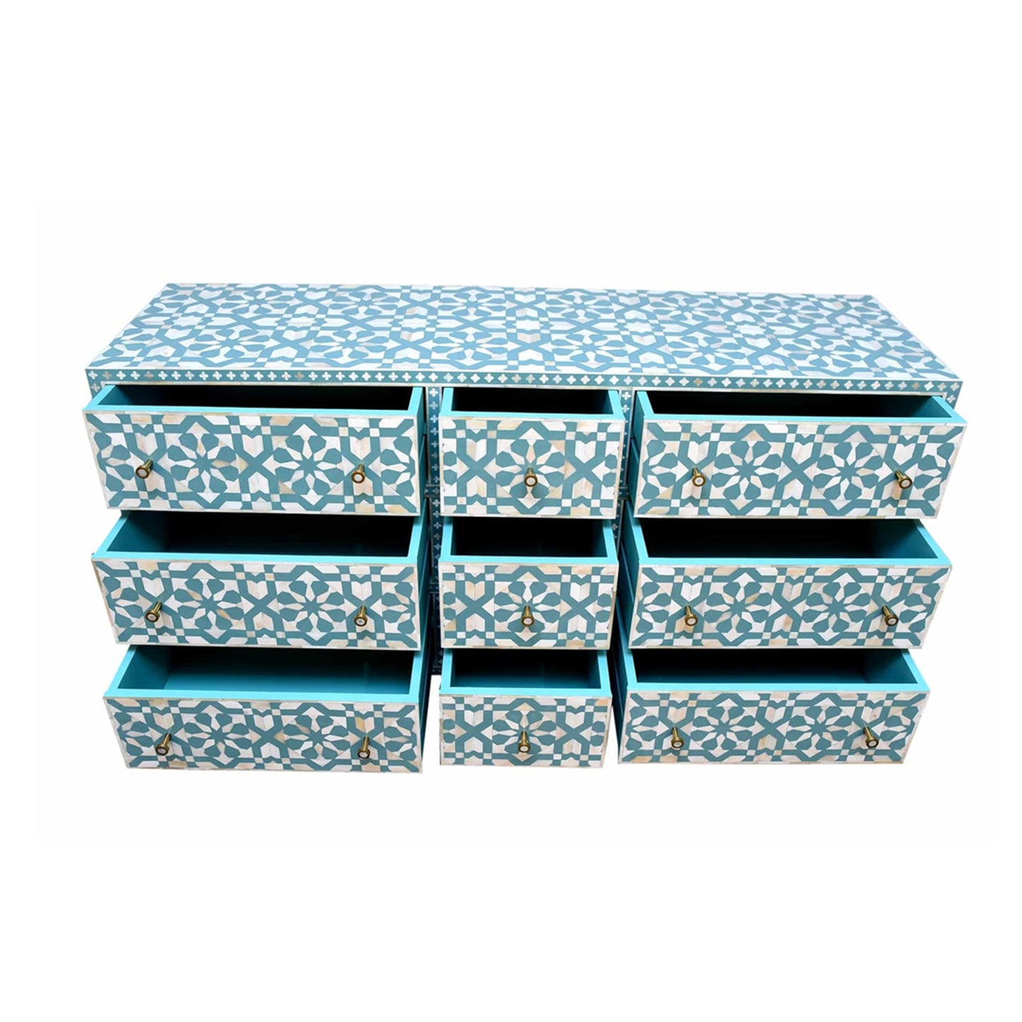 Handmade Customized Bone Inlay Moroccan Pattern Chest of 9 Drawer