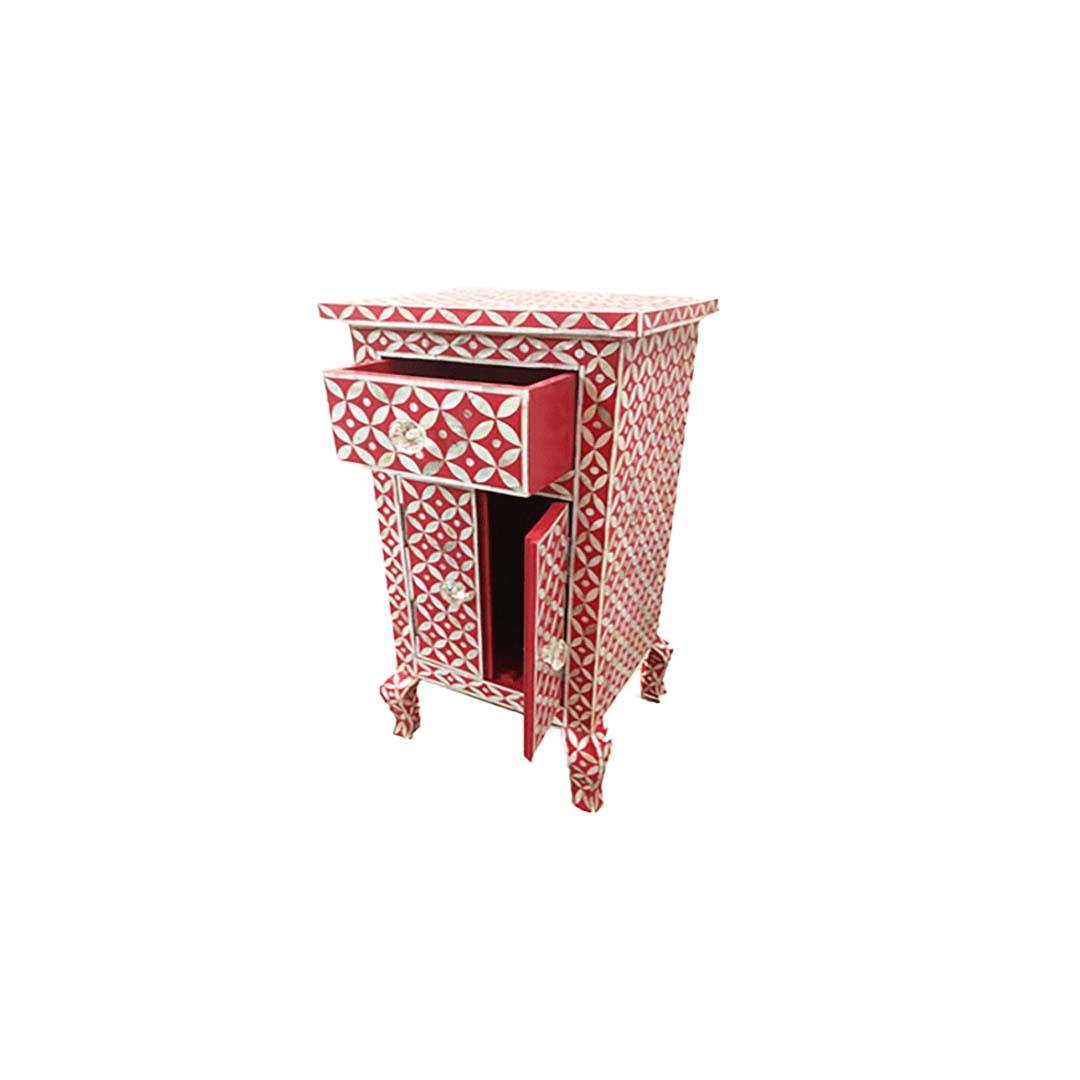 Personalized Handmade Bone Inlay Long Bedside with One Drawer and Two Door