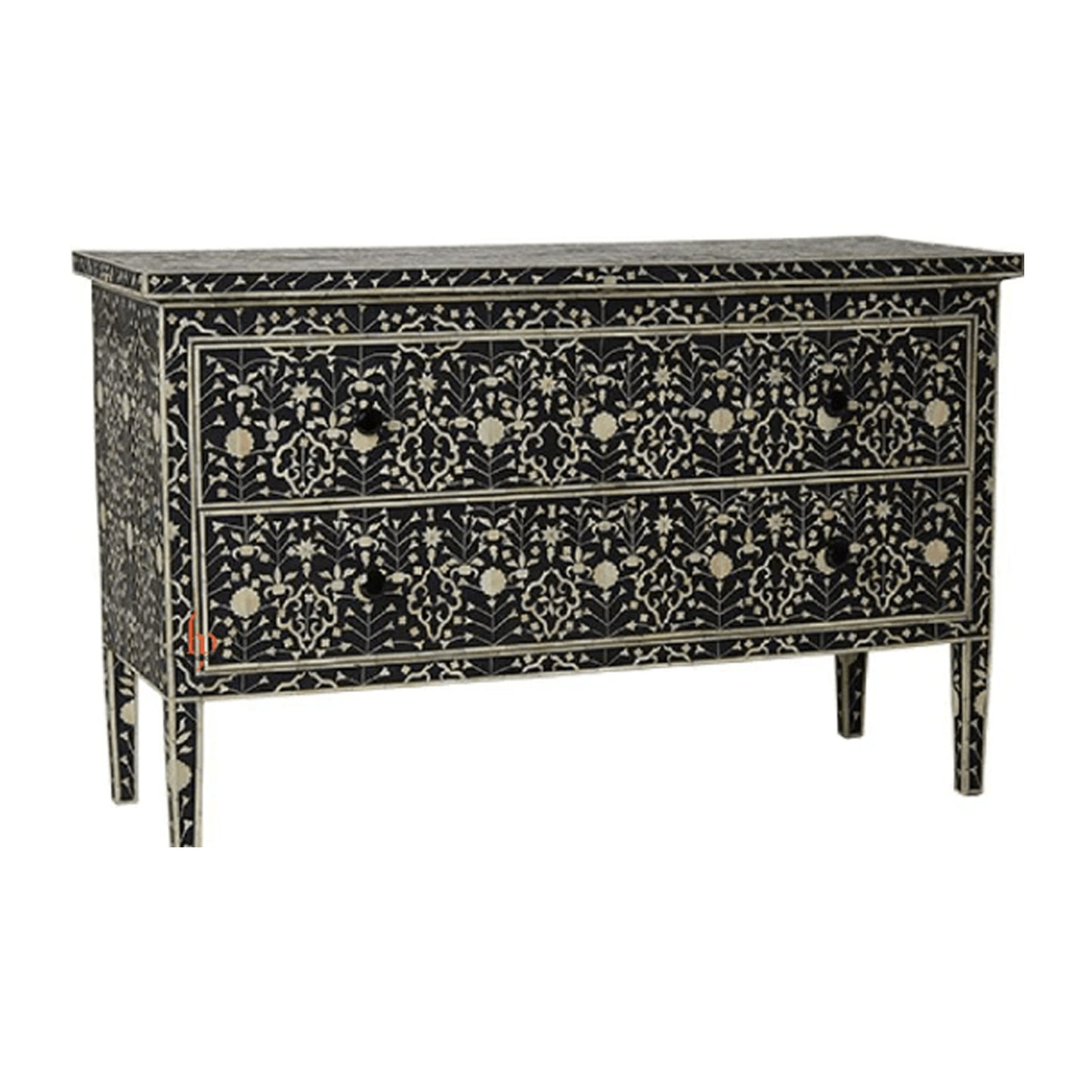Bone Inlay 2-Drawer Chest - Moghul Flower - Black / White
