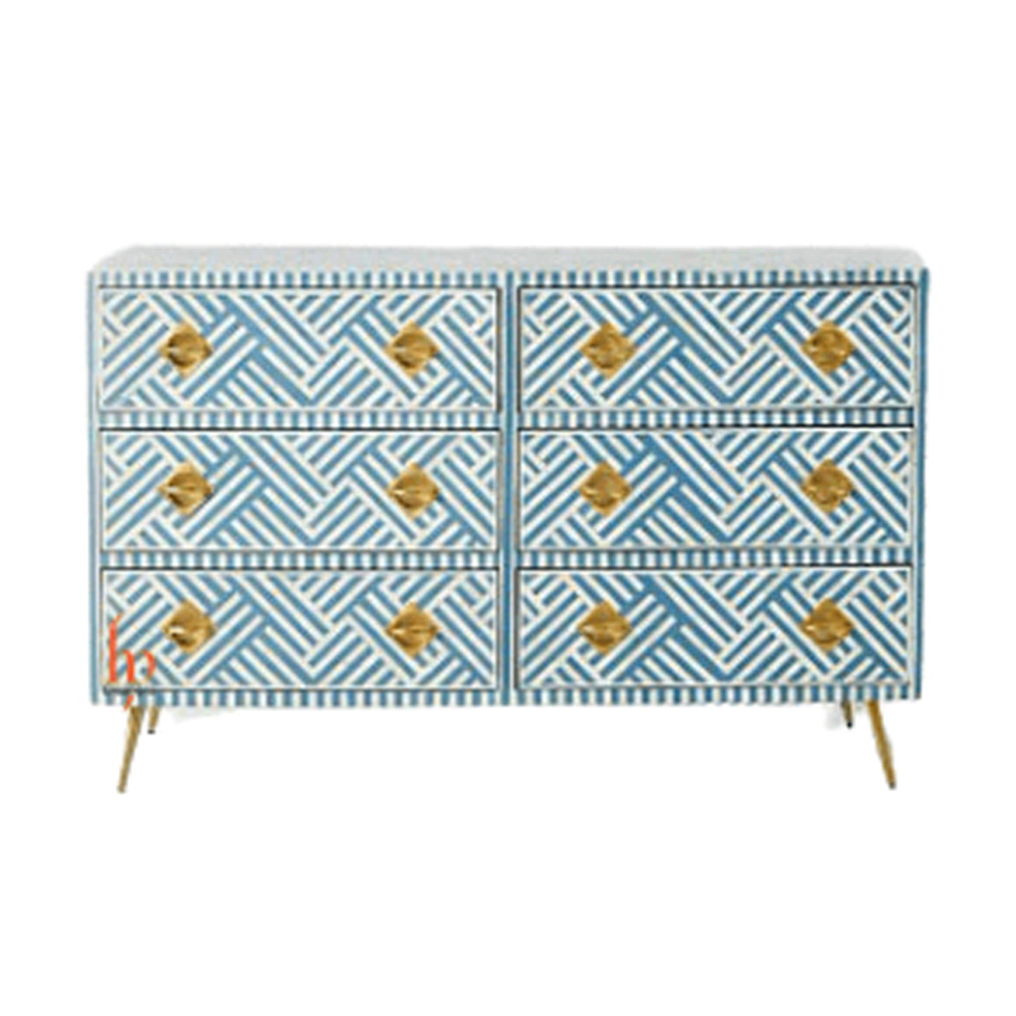 Bone Inlay Chest Of 6 Drawers Antique Geometric Design In Blue Indian Handmade Furniture Bone Inlay Dresser Cabinet.