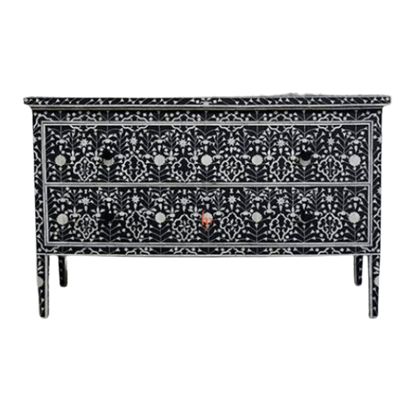 Bone Inlay 2-Drawer Chest - Moghul Flower - Black / White