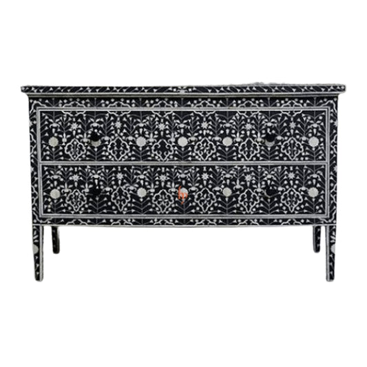 Bone Inlay 2-Drawer Chest - Moghul Flower - Black / White