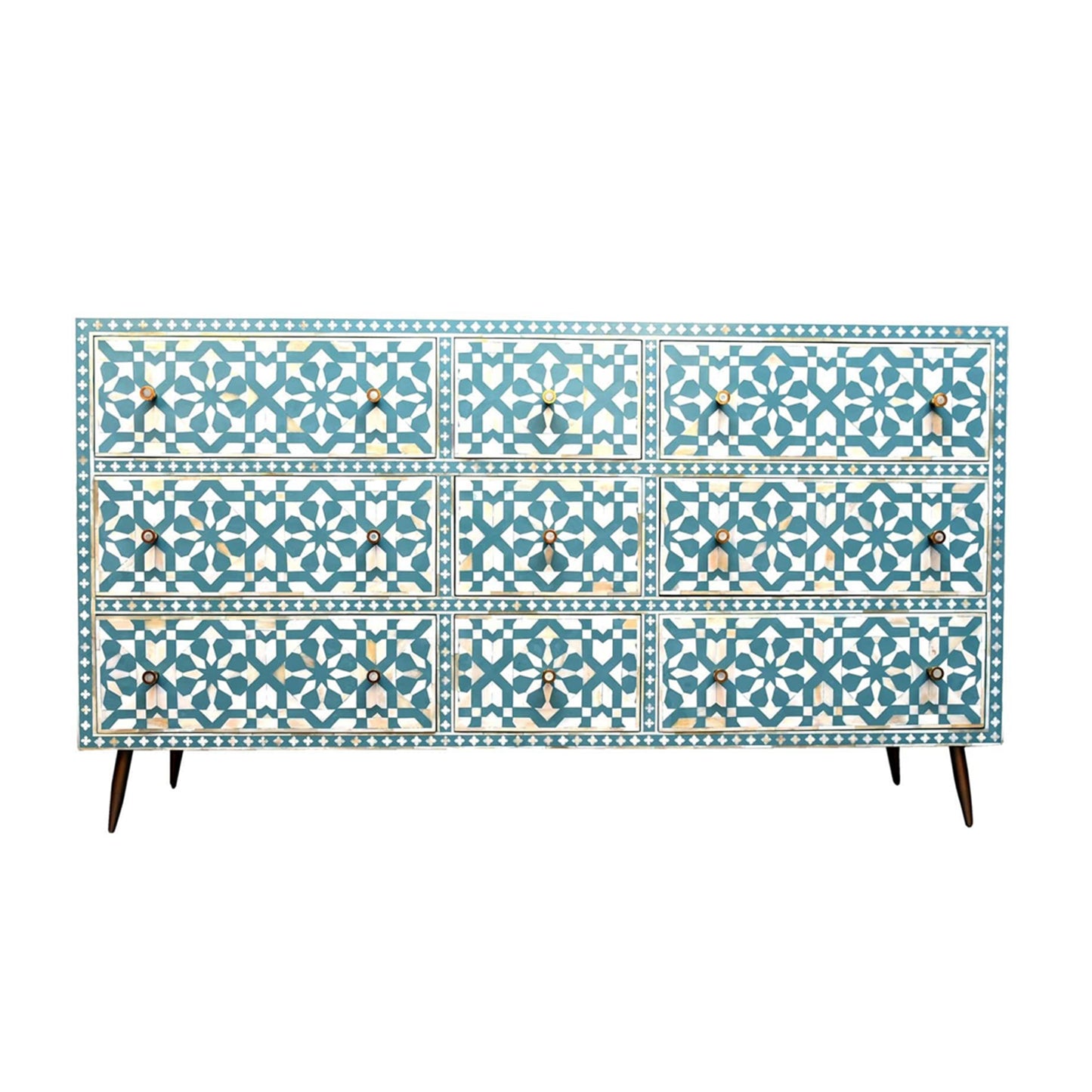 Handmade Customized Bone Inlay Moroccan Pattern Chest of 9 Drawer
