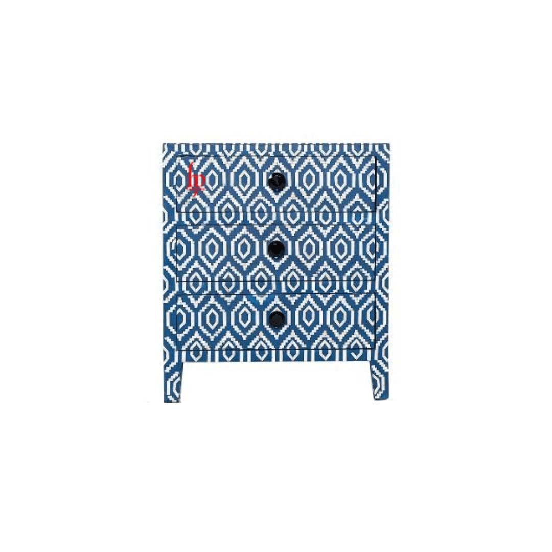Bone Inlay Bedside in Blue Ikkat Design Perfect Nightstand For Home Decor