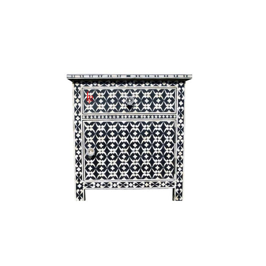 Bone Inlay Bedside Stand/ Night Stand 1 Drawer 1 Door Side Cabinet badrun Design Black