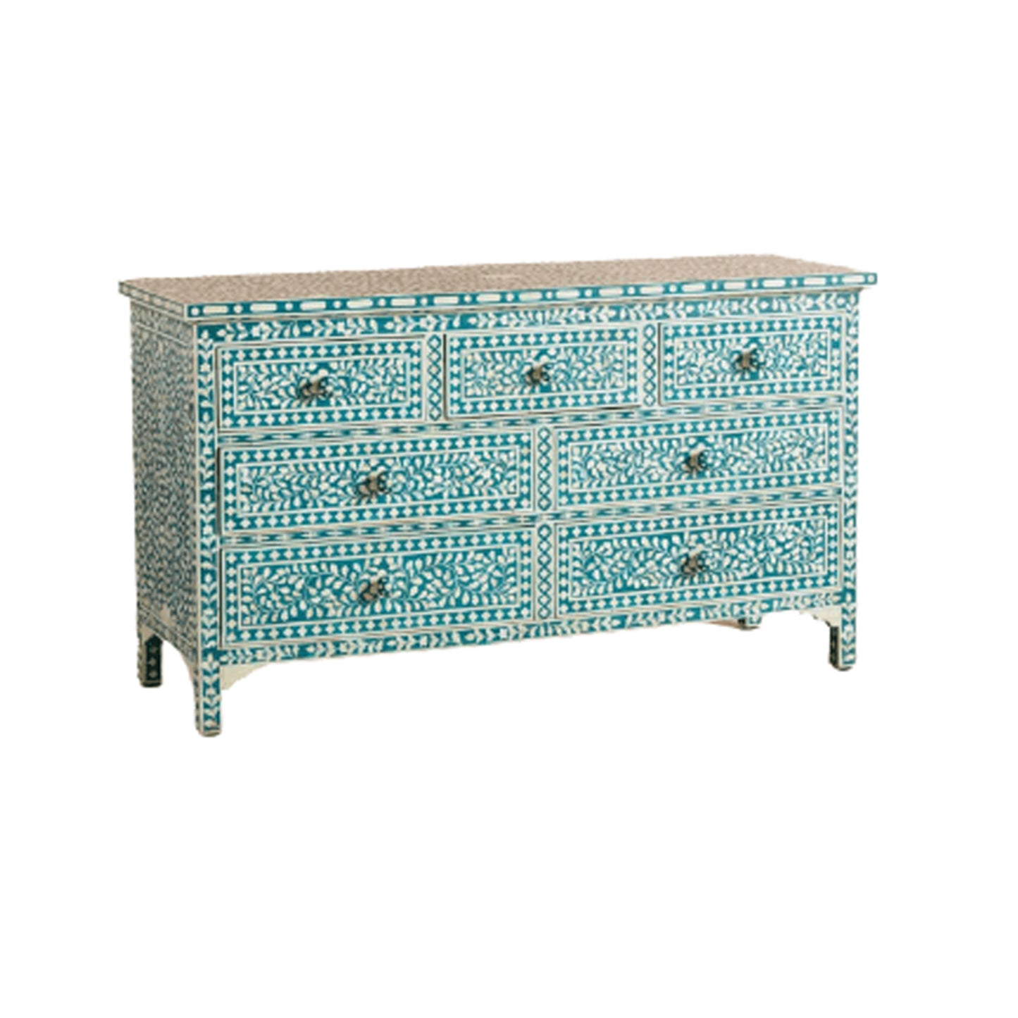 Personalized Bone Inlay Chest Of 7 Drawer Home Decor Furniture In Blue Color with White Petals Commode Dresser