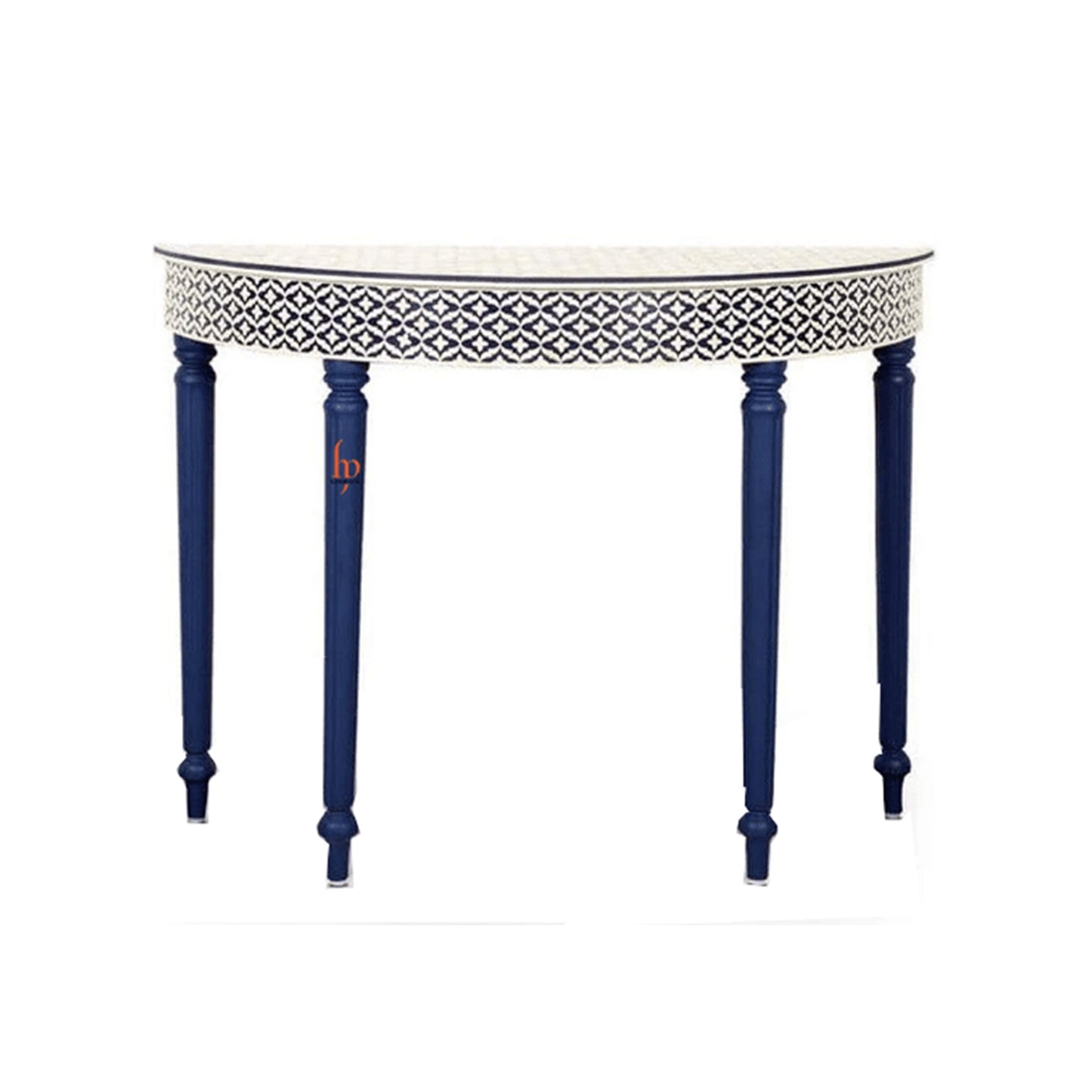 Personalized Bone Inlay Entryway Blue Console Semicircular Floral Table in Indian Motif Design