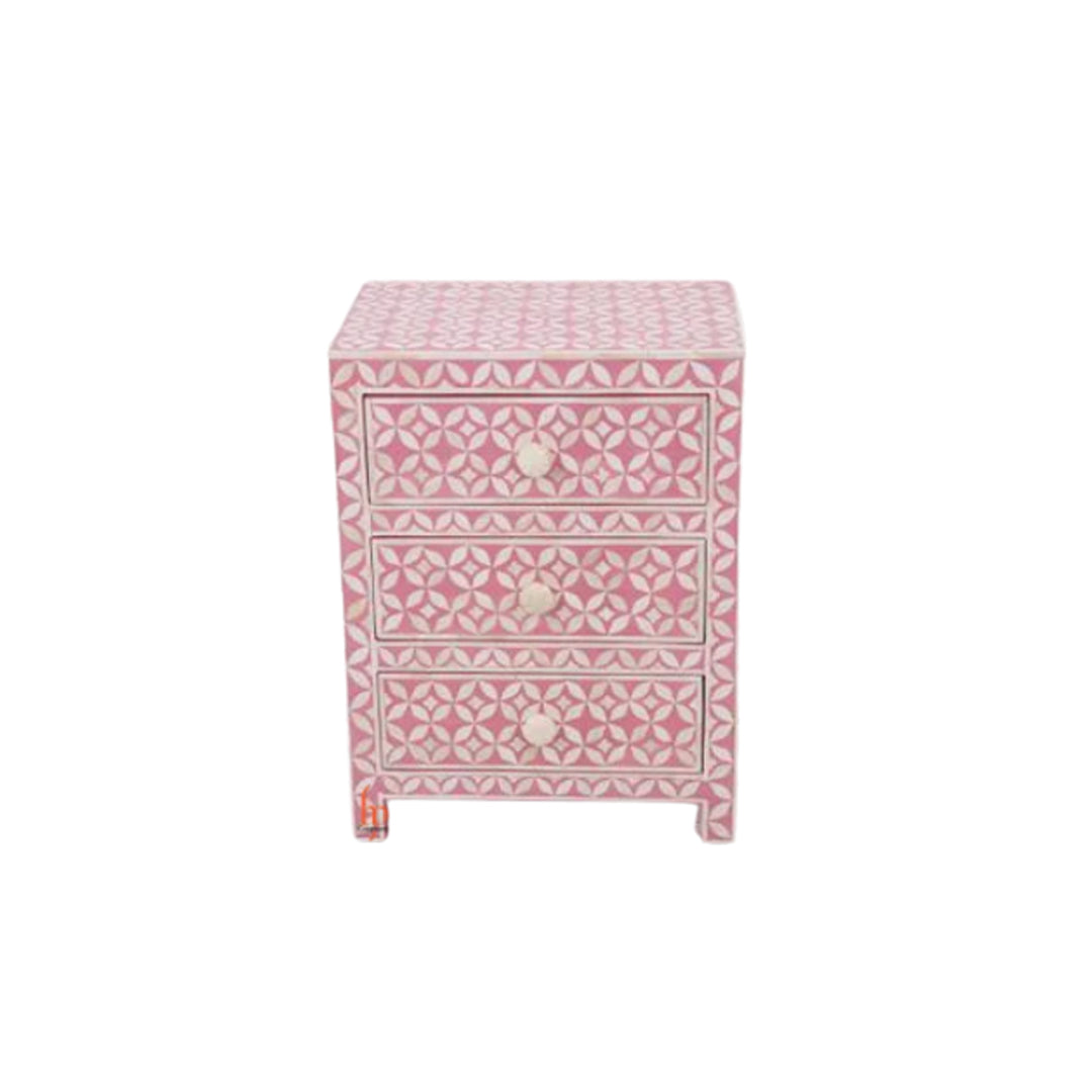 Bone Inlay Bedside 3 Drawers Table in Pink Color Personalized and Customized
