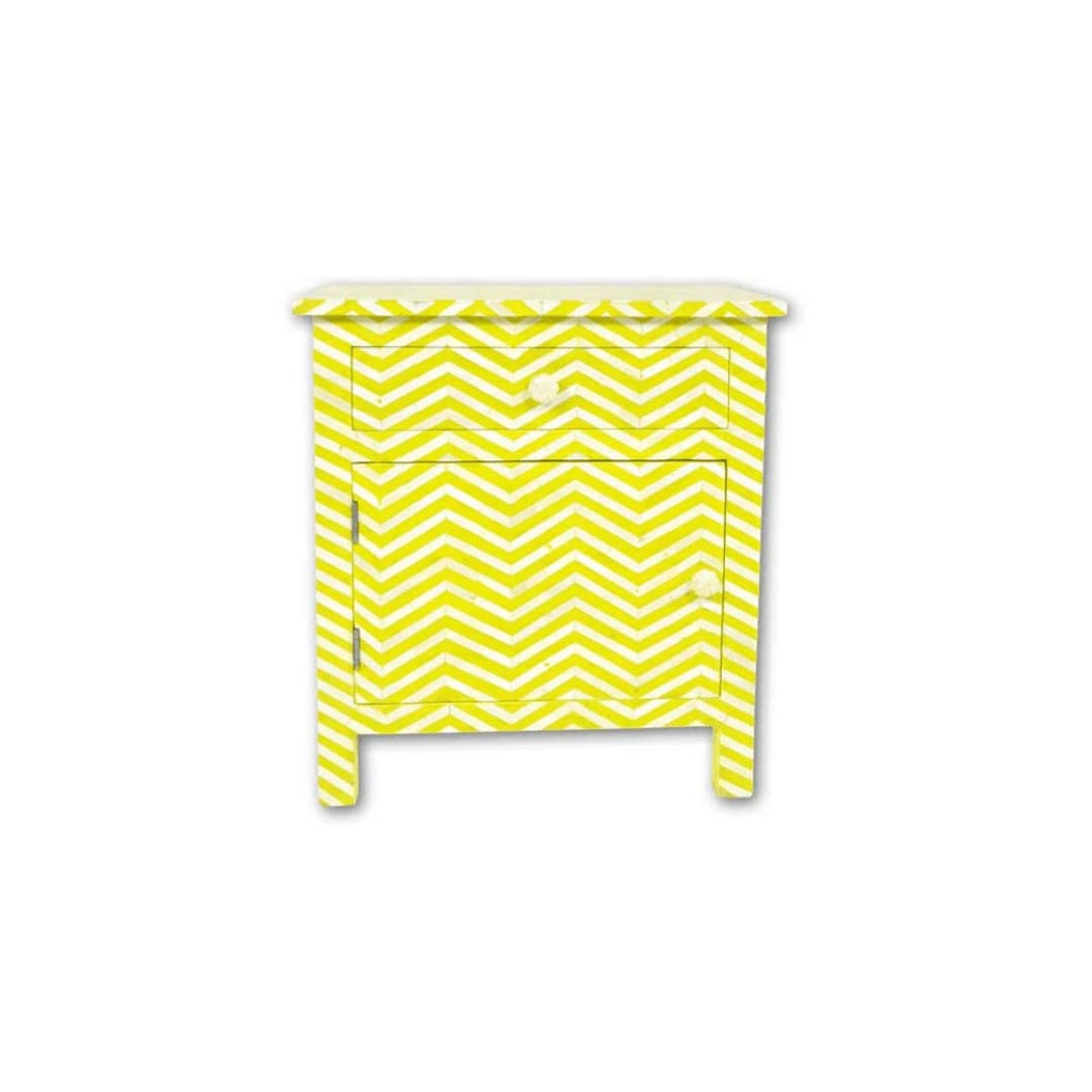 Personalized Handmade Bone Inlay Zigzag Bedside Table with One Drawer and One Door