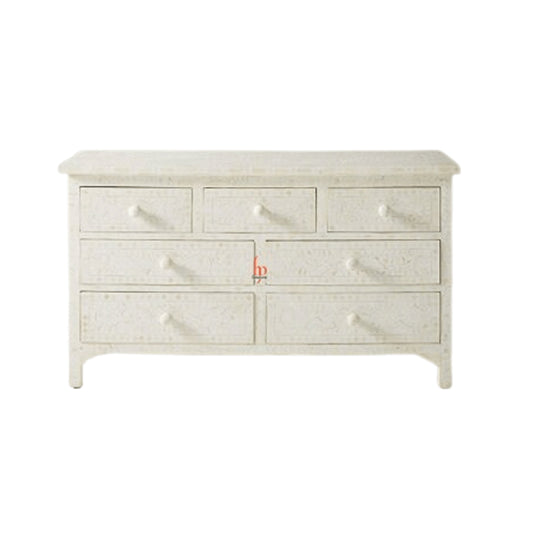 Personalized Bone Inlay Chest Of 7 Drawers Home Decor Inlay Furniture in White Color for Living Room, Bed Room and Dining Hall